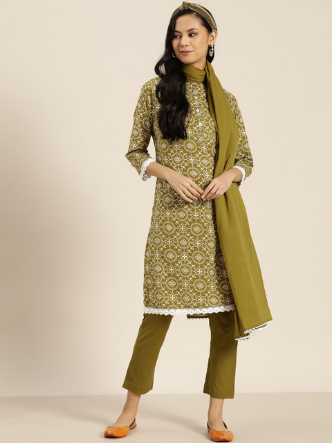 

Sangria Women Olive Green & White Printed Pure Cotton Kurta with Trousers & With Dupatta