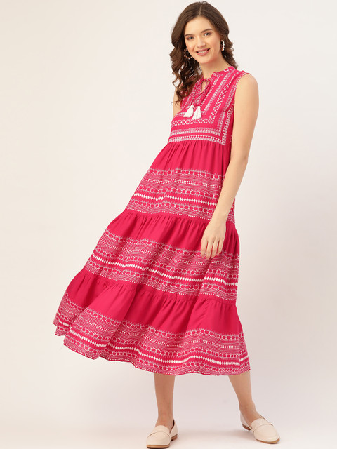 

Sangria Women Red & Off-White Printed Tiered Midi A-Line Dress