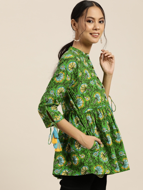 

Sangria Green & Blue Pure Cotton Printed Mandarin Collar A-Line Top