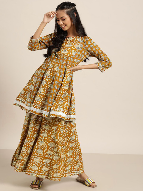 

Sangria Women Mustard Yellow & Off-White Printed Pure Cotton Kurta with Palazzos