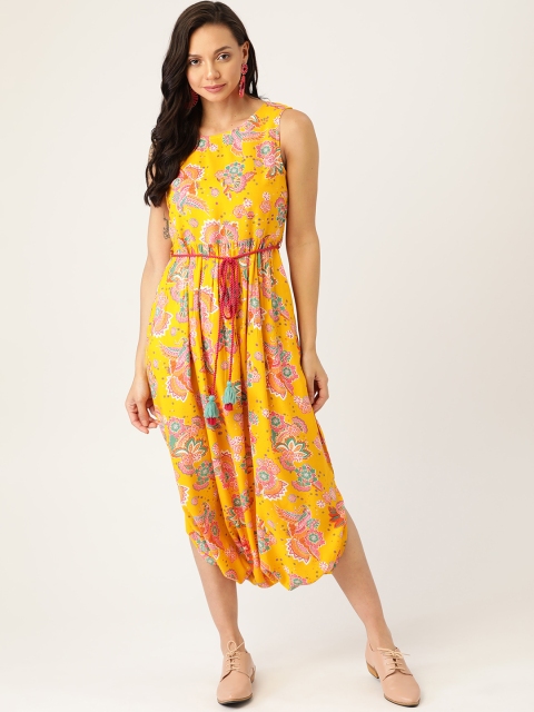 

Sangria Yellow & Pink Ethnic Motifs Pure Cotton Cowl Style A-Line Midi Dress