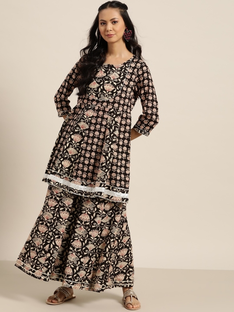 

Sangria Women Black & Beige Ethnic Motifs Printed Pure Cotton Kurta with Palazzos
