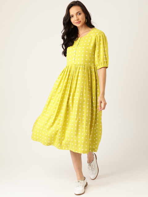 

Sangria Yellow & White Polka Dot Print A-Line Midi Dress