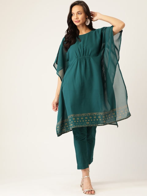 

Sangria Women Teal Green Solid Kaftan Kurta with Trousers