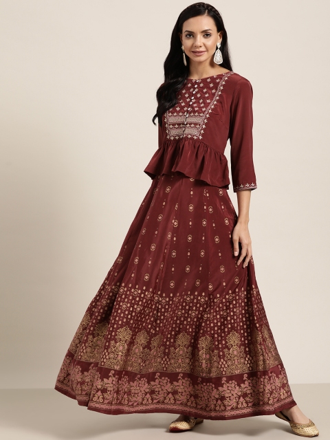 

Sangria Maroon & Beige Embroidered Ready to Wear Lehenga & Choli