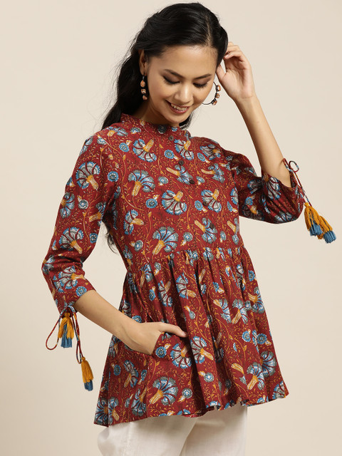 

Sangria Rust Red & Blue Pure Cotton Printed Mandarin Collar A-Line Top