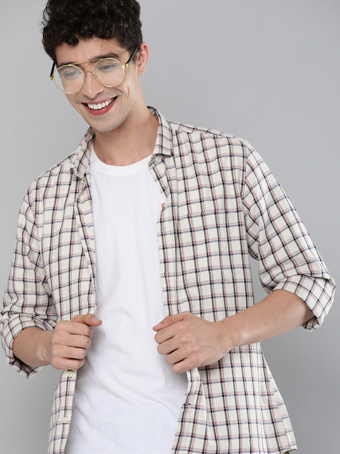 

Mast & Harbour Men Beige & Navy Blue Windowpane Checks Checked Casual Shirt