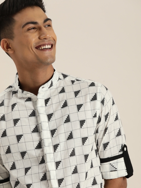 

Taavi Men White & Black Ikat Woven Design Sustainable Shirt with Roll-Up Sleeves