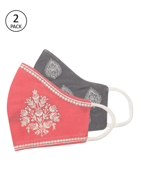 

House of Pataudi Unisex Pack of 2 Chikankari 3-Ply Handcrafted Reusable Cotton Cloth Masks, Coral