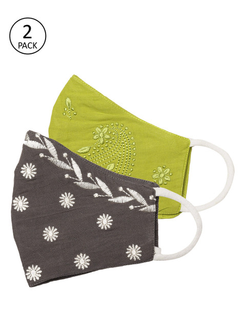 

House of Pataudi Unisex Pack of 2 Chikankari 3-Ply Handcrafted Reusable Cotton Cloth Masks, Charcoal