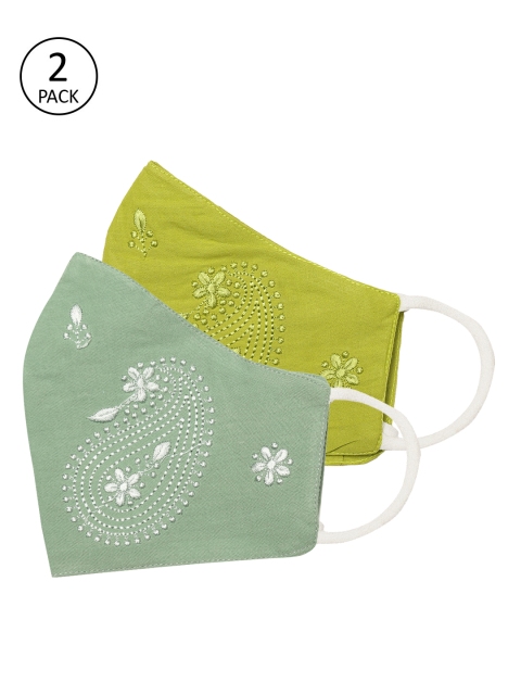 

House of Pataudi Unisex Pack of 2 Chikankari 3-Ply Handcrafted Reusable Cotton Cloth Masks, Green