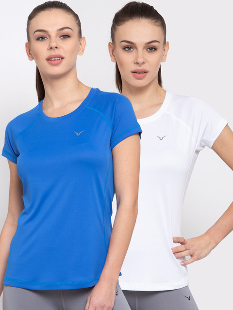 

Invincible Women Blue & White Set of 2 Solid Round Neck T-shirt