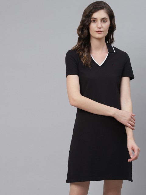 

Tommy Hilfiger Women Black Solid Spread Collar T-shirt Dress