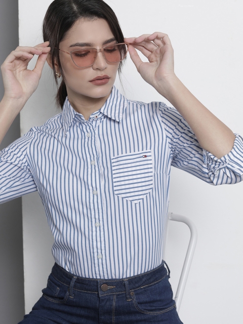 

Tommy Hilfiger Women Blue & White Striped Classic Fit Casual Shirt
