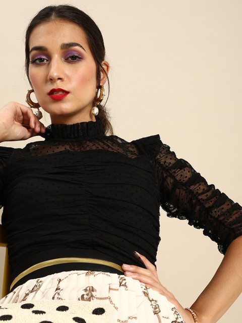 

COVER STORY Intense Black Self Design Ruched Top