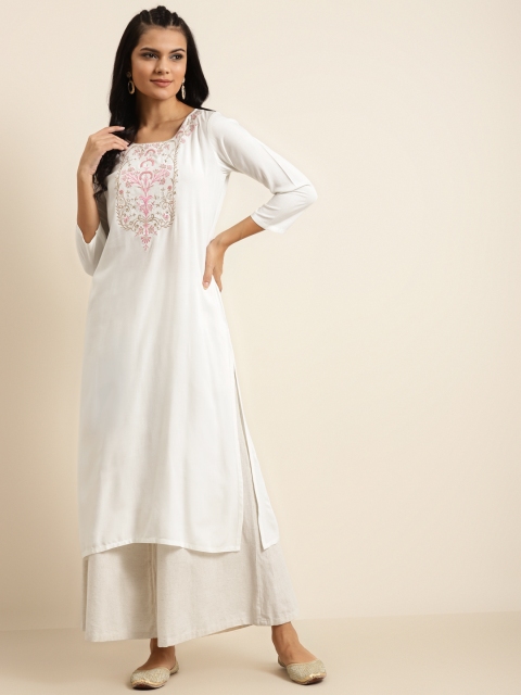 

Shae By Sassafras Women Off White & Pink Ethnic Motifs Embroidered Liva Kurta