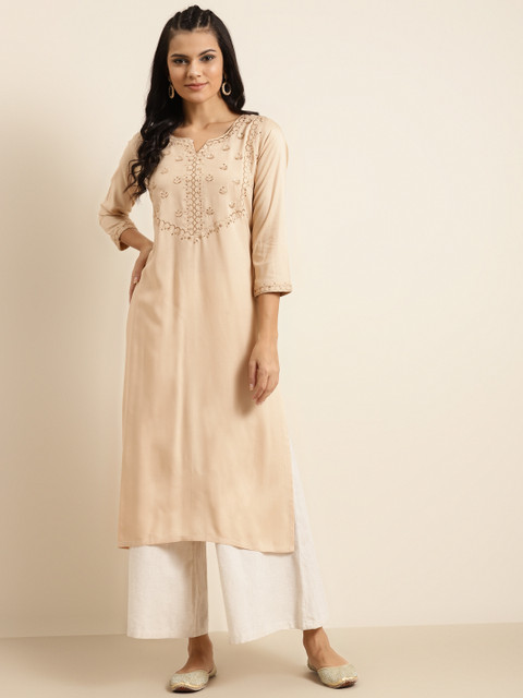 

Shae By Sassafras Women Beige & Golden Ethnic Motifs Embroidered Kurta
