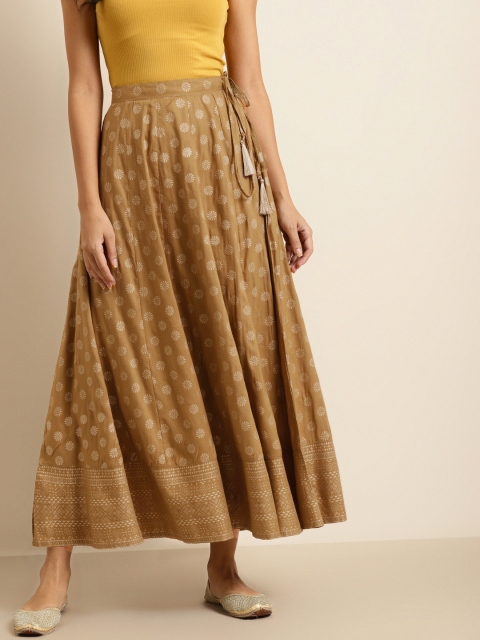 

Shae by SASSAFRAS Mustard Brown & Golden Liva Foil Print Flared Maxi Skirt