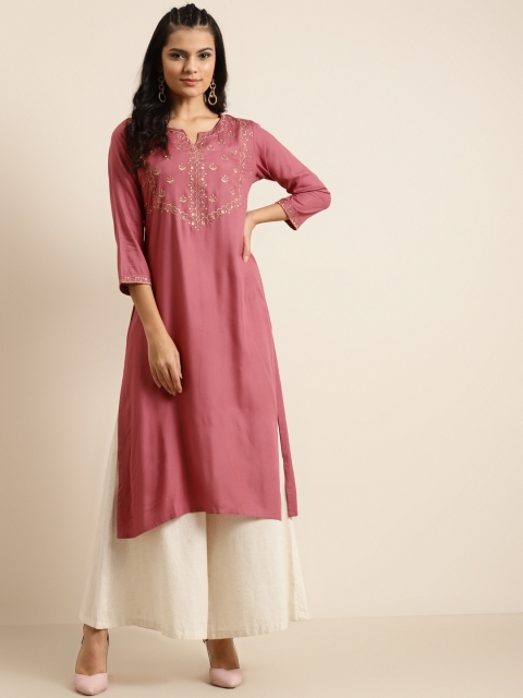 

Shae By Sassafras Women Dusty Pink & Golden Embroidered Yoke Design Liva Straight Kurta