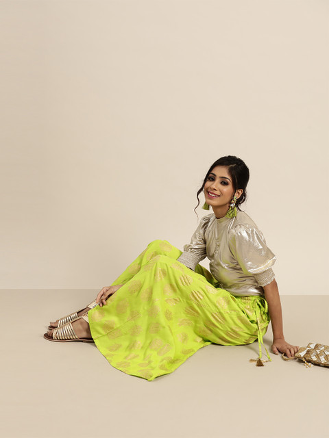 

Shae by SASSAFRAS Women Fluorescent Green & Golden Foil Printed Flared Palazzos