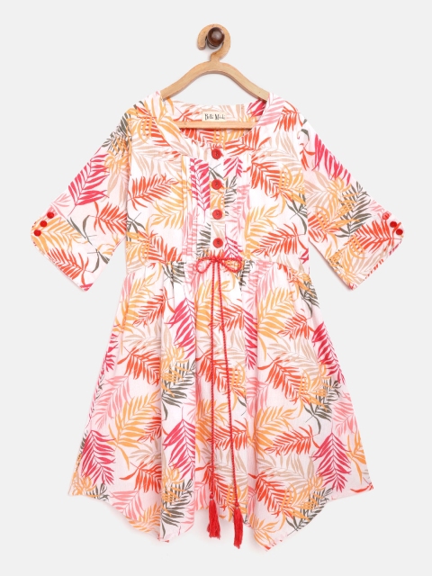 

Bella Moda Girls White Leaves Print Fit & Flare Dress with Pleated & Tie-Up Detail