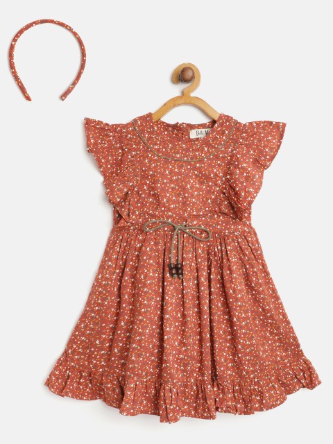 

Bella Moda Girls Rust Orange Floral Print Fit and Flare Dress with Briefs & Hairband
