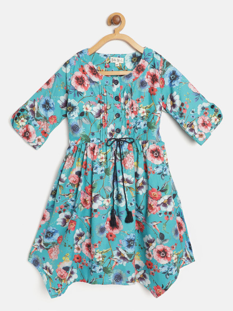 

Bella Moda Girls Turquoise Blue & Pink Floral Asymmetric Hem Pure Cotton A-Line Dress