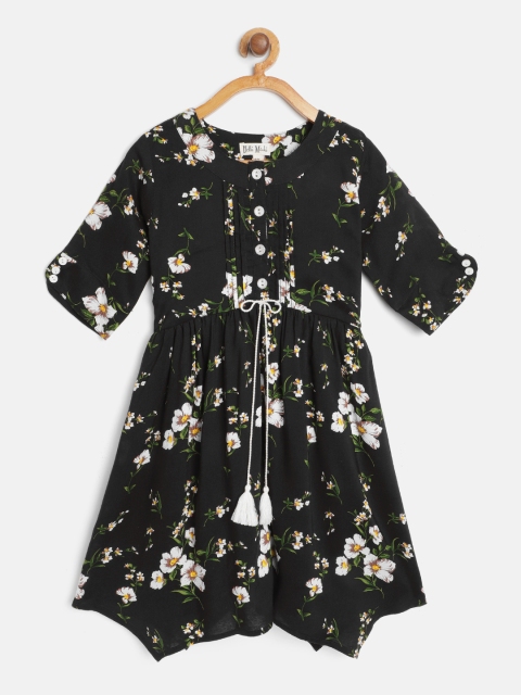 

Bella Moda Girls Black & White Floral Asymmetric Hem Pure Cotton A-Line Dress