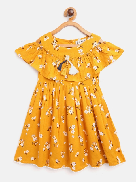 

Bella Moda Girls Yellow & Off-White Floral Print Fit and Flare Dress with Tasselled Detail