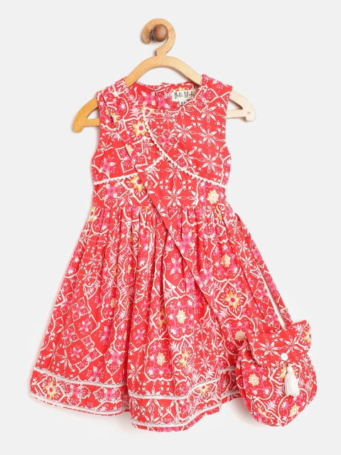 

Bella Moda Girls Red & Off-White Pure Cotton Ethnic Print Fit and Flare Dress & Sling Bag