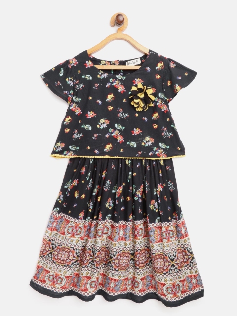 

Bella Moda Girls Navy Blue & Beige Floral Print Layered A-Line Dress with Crochet Detail