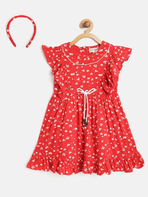 

Bella Moda Girls Red & White Floral Print Fit and Flare Dress with Briefs & Hairband