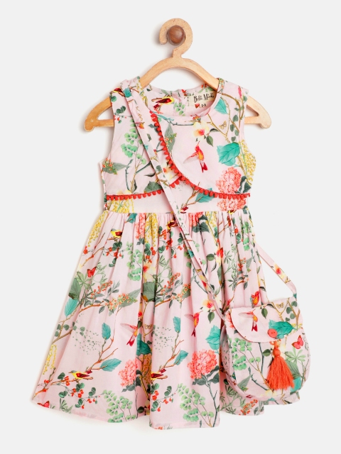 

Bella Moda Girls Pink & Green Floral Print Pure Cotton Fit and Flare Dress with Sling Bag