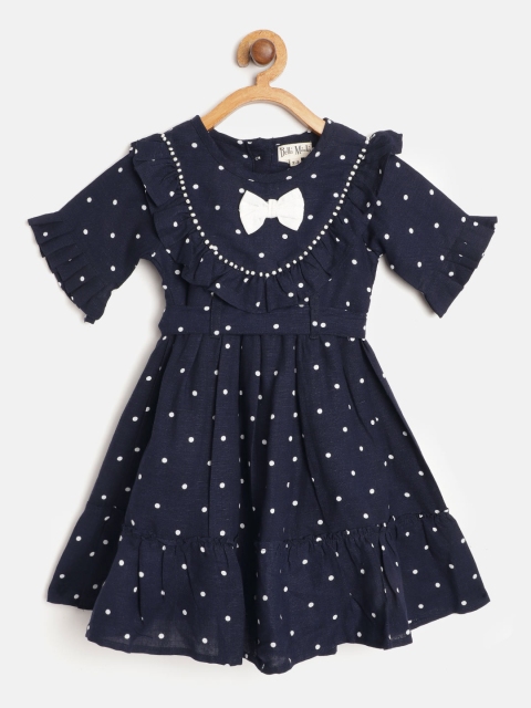 

Bella Moda Girls Navy Blue & White Polka Dot Print Fit and Flare Dress with Belt