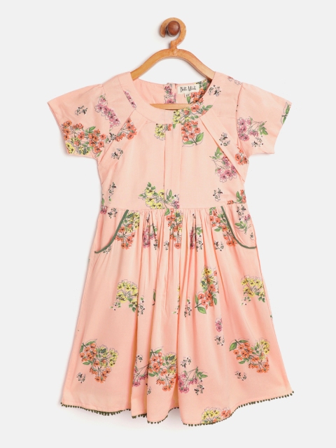 

Bella Moda Girls Peach-Coloured & Green Floral Print Fit & Flare Dress with Pocket Detail