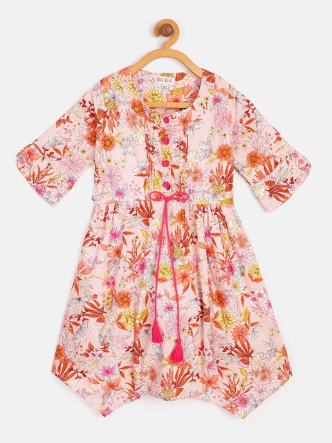 

Bella Moda Girls Pink & Coral Orange Floral Print Dobby Weave Fit & Flare Dress