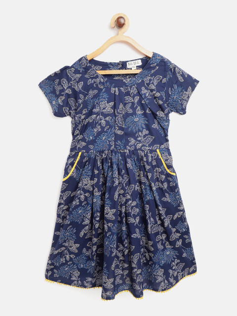 

Bella Moda Girls Navy Blue & Grey Floral Print Fit and Flare Dress with Pocket Detail