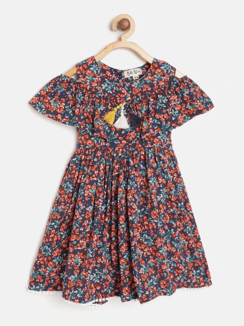 

Bella Moda Girls Navy Blue & Red Floral Print Fit and Flare Dress with Tasselled Detail