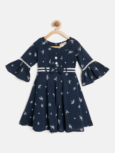 

Bella Moda Girls Navy Blue & White Star Print A-Line Dress with Belt