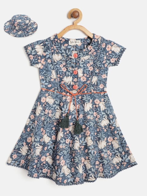

Bella Moda Girls Blue & Beige Floral Printed A-Line Dress with Hat & Belt