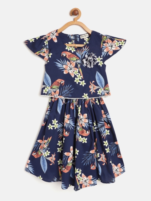 

Bella Moda Girls Navy Blue & Peach-Coloured Floral Print Pure Cotton Fit & Flare Dress