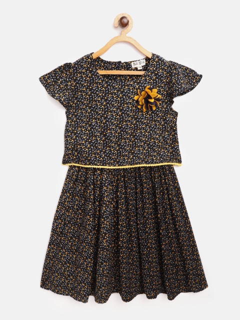 

Bella Moda Girls Black & Yellow Floral Print Layered A-Line Dress with Crochet Detail