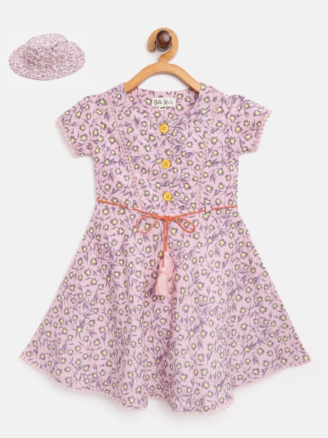 

Bella Moda Girls Pink & Purple Floral Print A-Line Dress with Bucket Hat & Belt