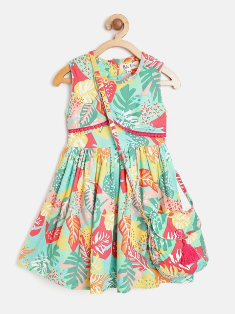 

Bella Moda Girls Sea Green & Pink Tropical Print Fit and Flare Dress with Sling Bag