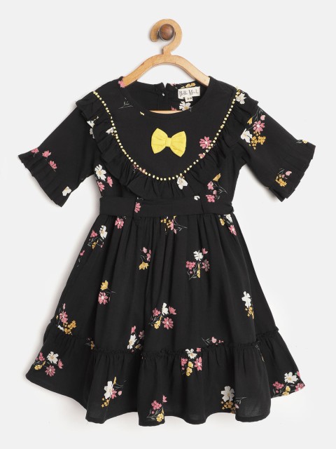 

Bella Moda Girls Black & Pink Floral Print Fit and Flare Dress with Belt