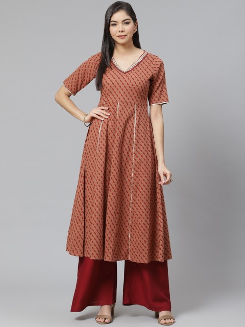 

SIAH Women Rust Brown & Maroon Printed V-Neck Kurta