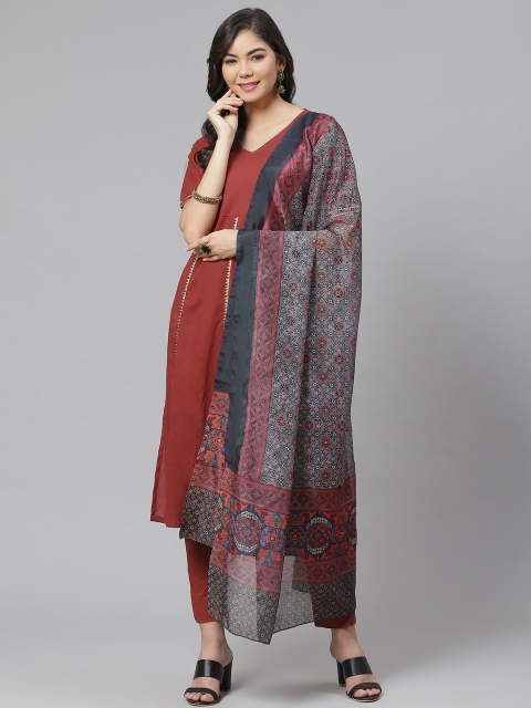 

SIAH Women Maroon & Blue Solid Kurta with Trousers & Dupatta