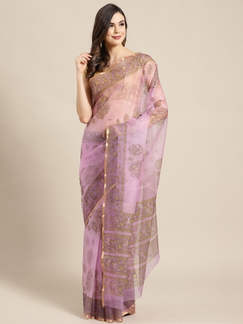 

Kalakari India Lavender & Golden Printed Bagru Handloom Saree