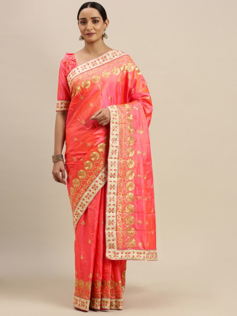 

Mitera Pink & Gold-Toned Silk Blend Embroidered Saree