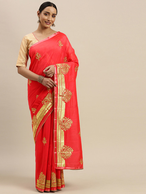 

Mitera Pink & Gold-Toned Pure Georgette Embroidered Saree